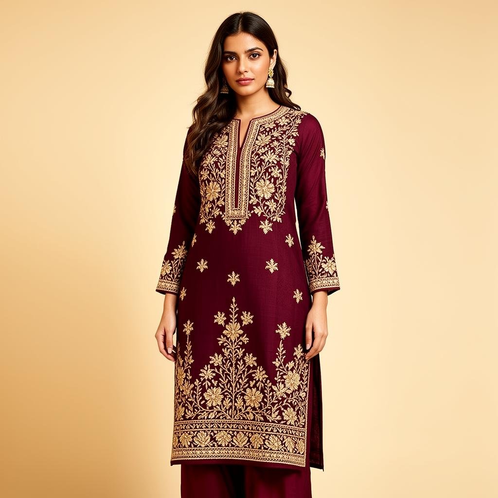 Maroon Festive Chikankari Kurta Set